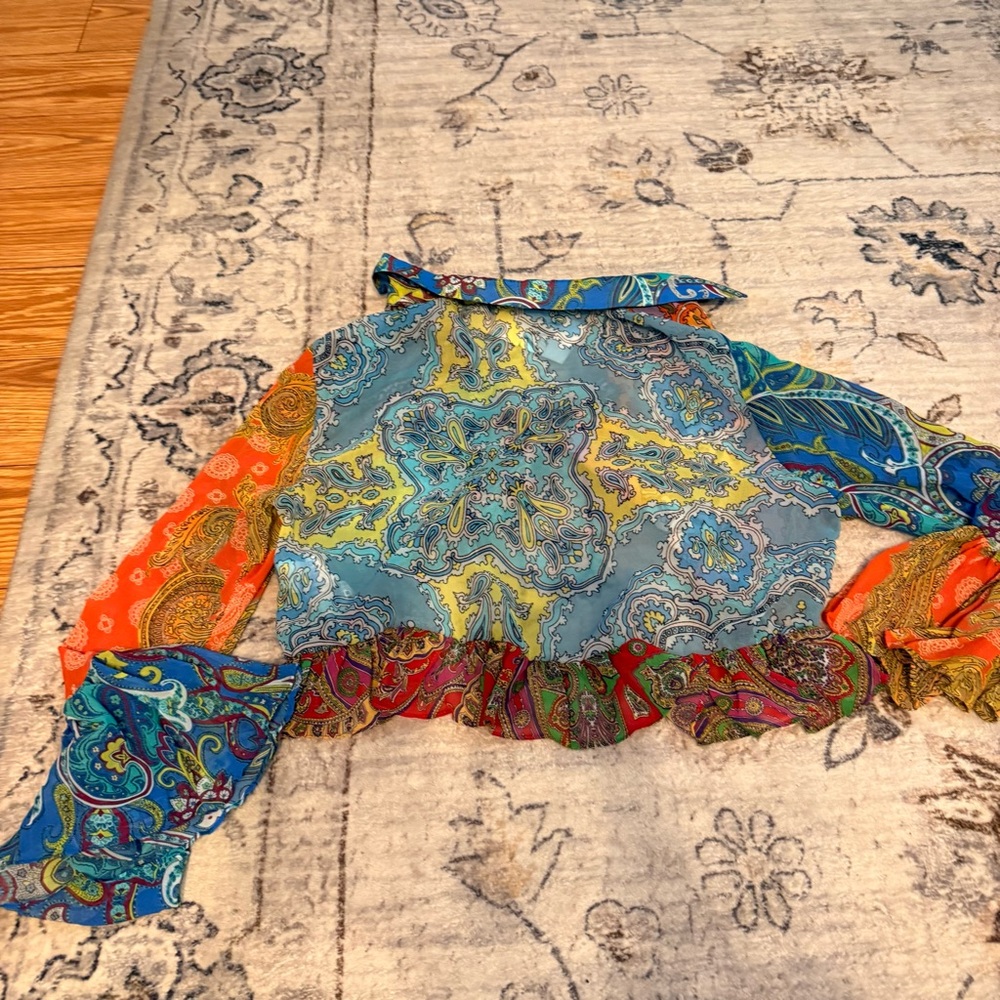 Zara Tied Ruffled Patchwork Boho Blouse - image 3